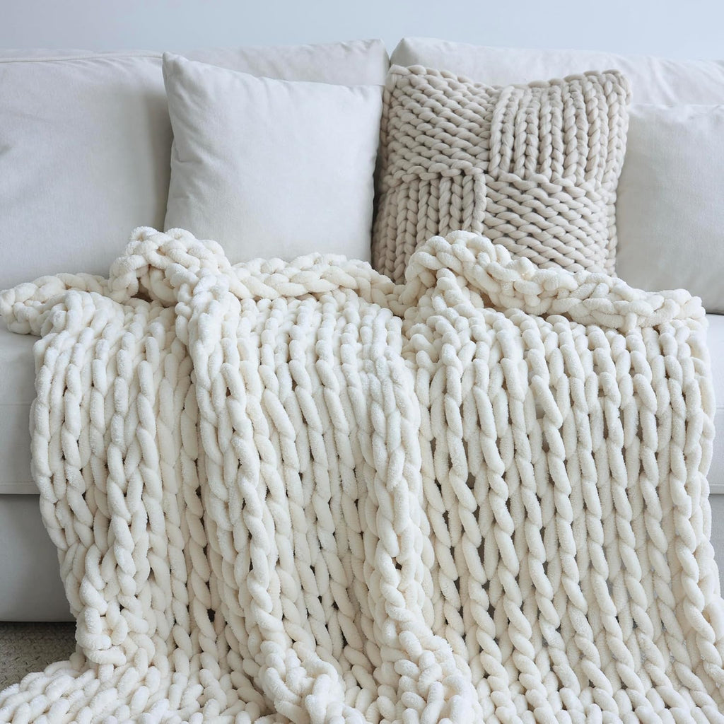 Cream Chunky Knit Chenille Throw Blanket 40"x50"