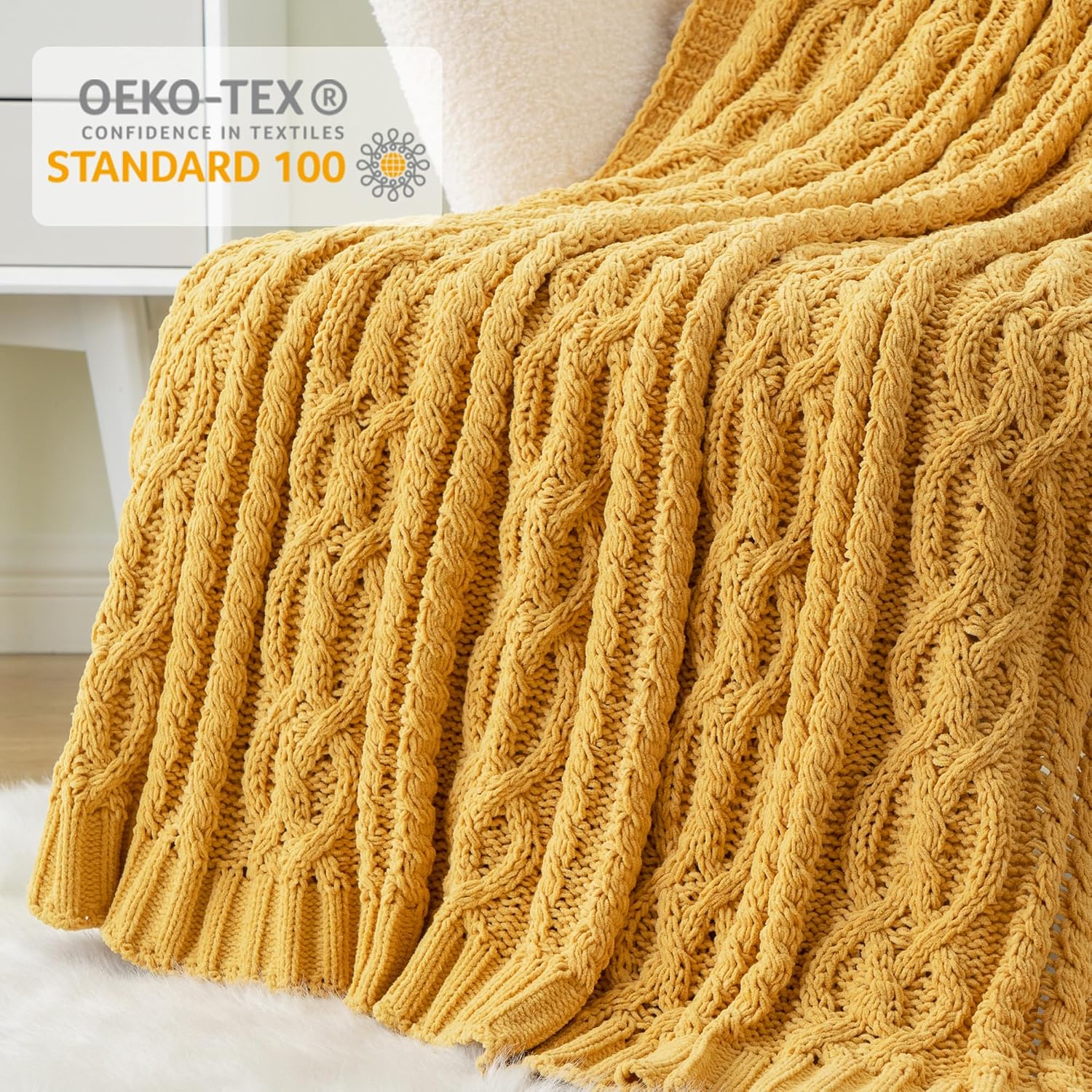 Mustard Yellow Chenille Knit Throw Blanket 51"x67"
